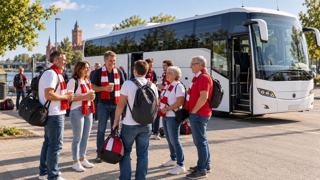 Union-Fans vor einem Reisebus fuer eine gemeinsame Auswaertsfahrt