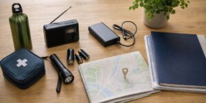 Radio, Taschenlampe, Batterien, Powerbank, Wasserflasche und Dokumentenmappe zur Krisenvorsorge