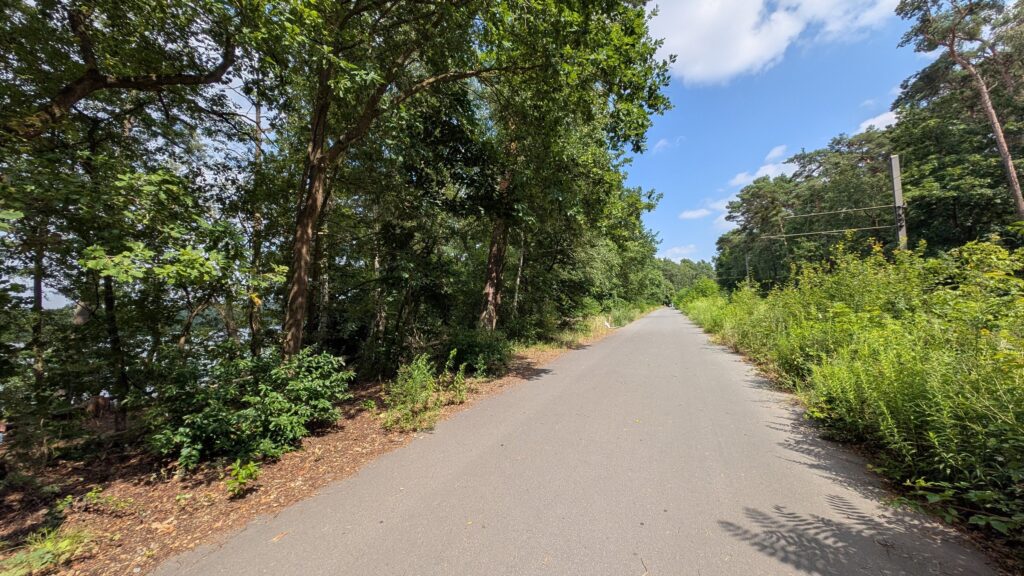 Asphaltierter Radweg neben der Tram 68 und dem Langen See in Grünau