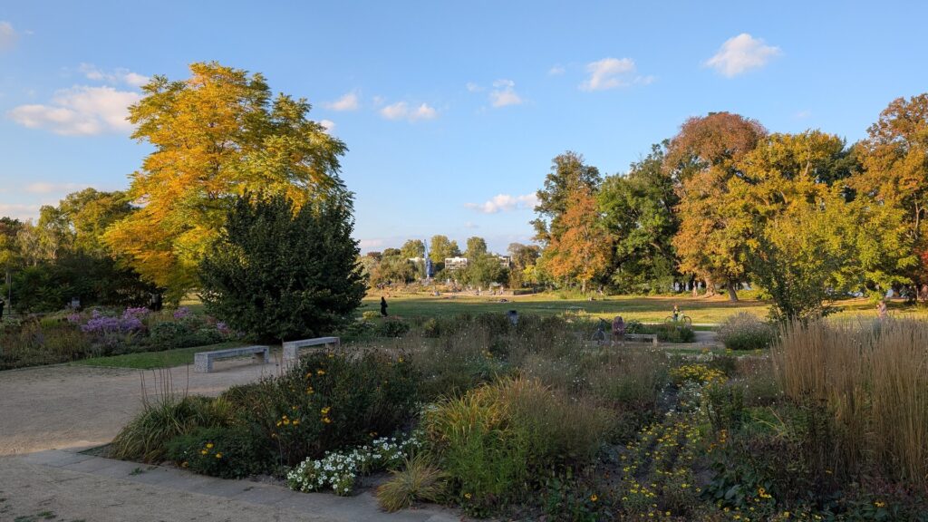 Rosen- und Staudenbeete im Rosengarten des Treptower Parks im frühen Herbst