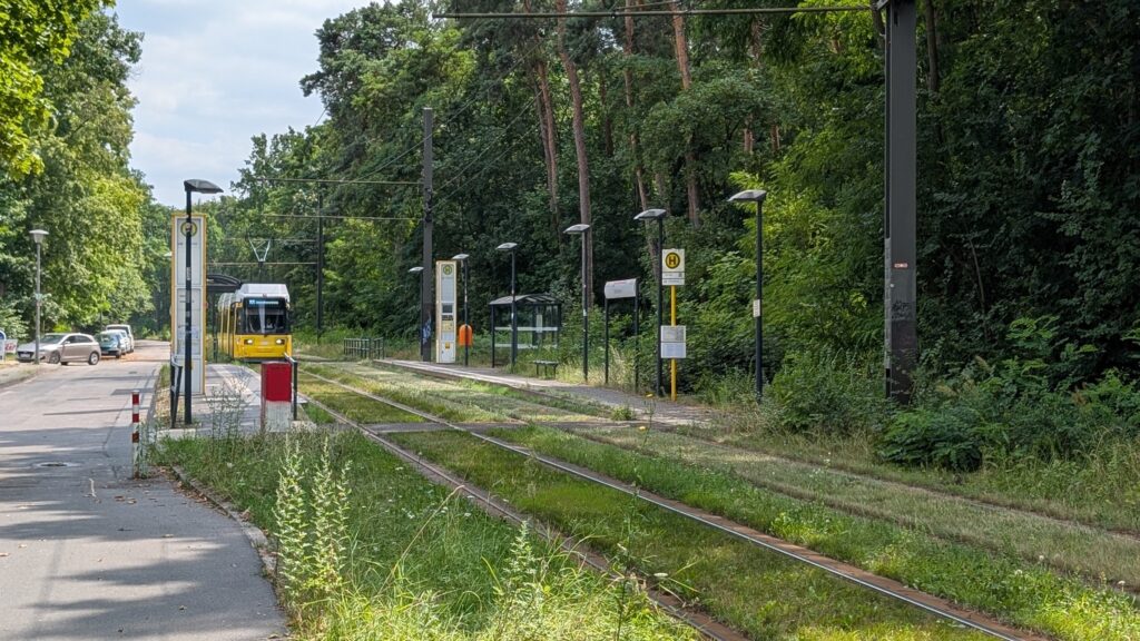 Tram 68 auf dem Rasengleis am Richtershorn im Grünauer Forst