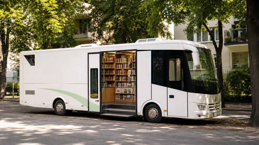 Unbeschrifteter Bücherbus in einem grünen Berliner Wohnviertel als Symbolbild für die Fahrbibliothek
