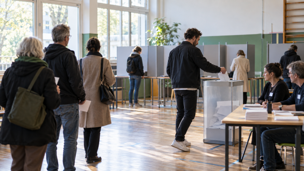 Wahllokal mit Wahlurne und Wählerinnen und Wählern