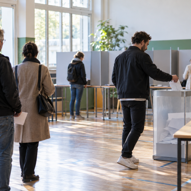 Wahllokal mit Wahlurne und Wählerinnen und Wählern