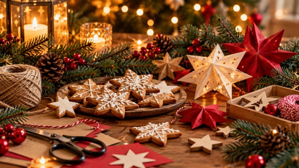 Papiersterne, Lebkuchen und Tannengrün auf einem Basteltisch – KI-Symbolbild für Adventsangebote