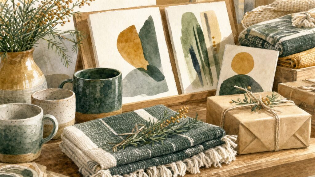 Illustration mit Keramik, Kunstdrucken und verpackten Geschenken