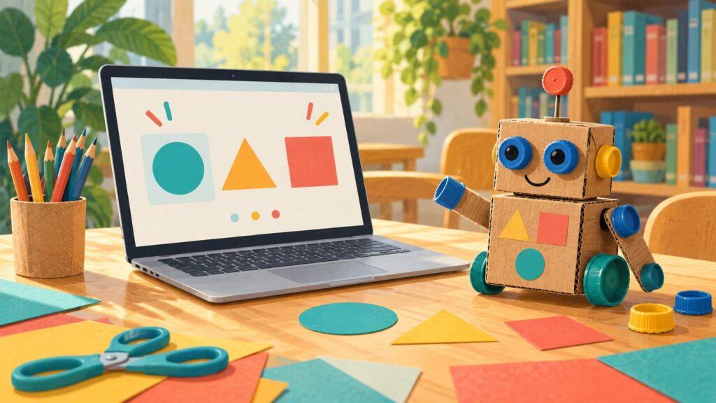 Symbolische Illustration mit Laptop, geometrischen Formen und einem Roboter aus Recyclingmaterial
