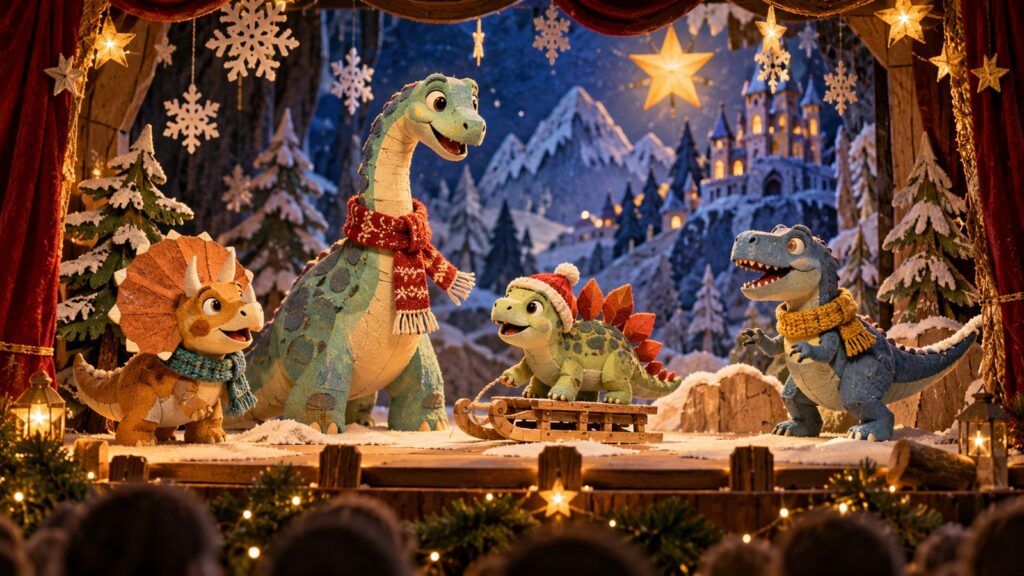 KI-Illustration: freundliche Dinosaurier als Bastelfiguren in einer winterlichen Modelltheaterkulisse