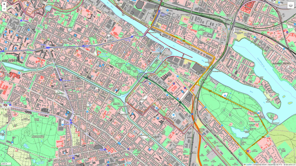 Straßenkarte mit ehemaliger Görlitzer Bahntrasse und historischem Grenzverlauf rund um Alt-Treptow
