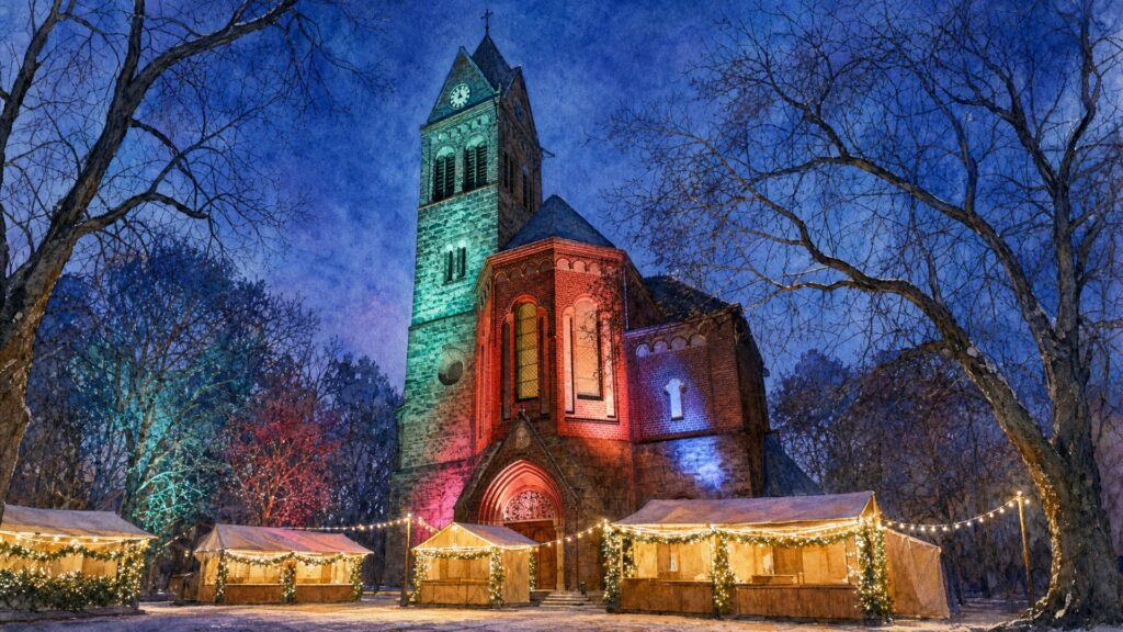 KI-Illustration der Friedenskirche Grünau in winterlicher Abendstimmung