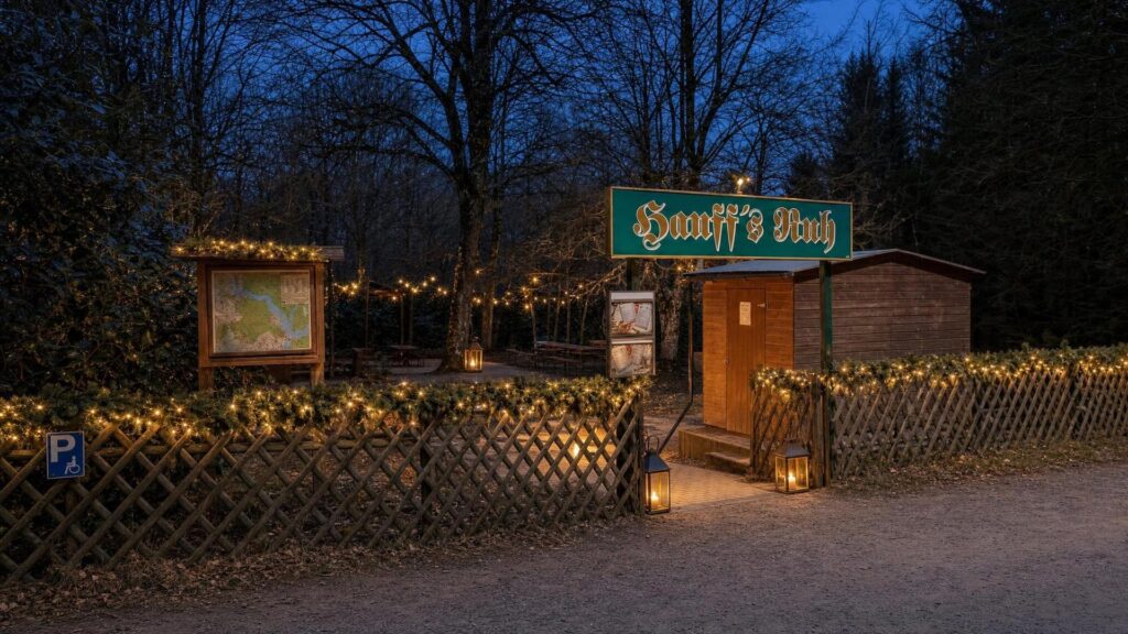 KI-Illustration: Eingang von Hanff’s Ruh in Grünau mit Adventsbeleuchtung und Laternen