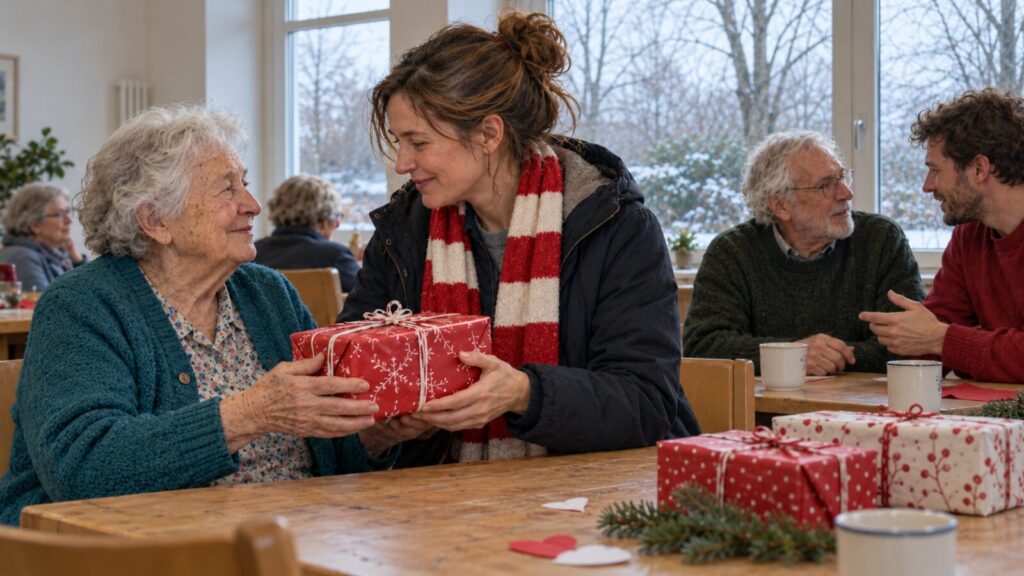 Eine ältere Frau nimmt ein rot-weiß verpacktes Geschenk von einer Frau mit rot-weißem Schal entgegen.