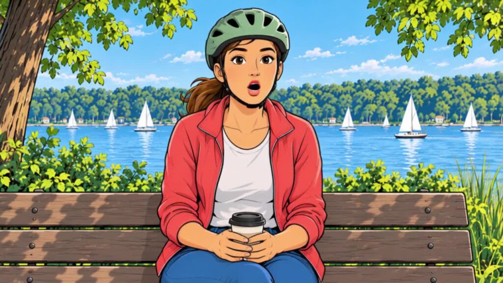 Comic-Radfahrerin bedankt sich am Müggelsee bei den YouTube-Abonnenten