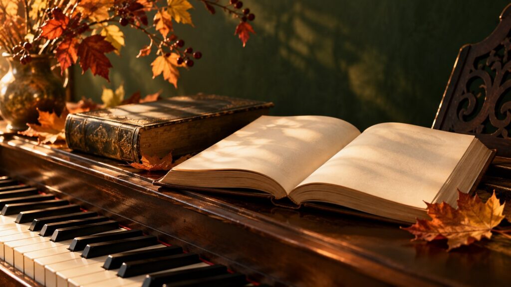 KI-Illustration: Bücher auf einem Klavier in warmem Herbstlicht