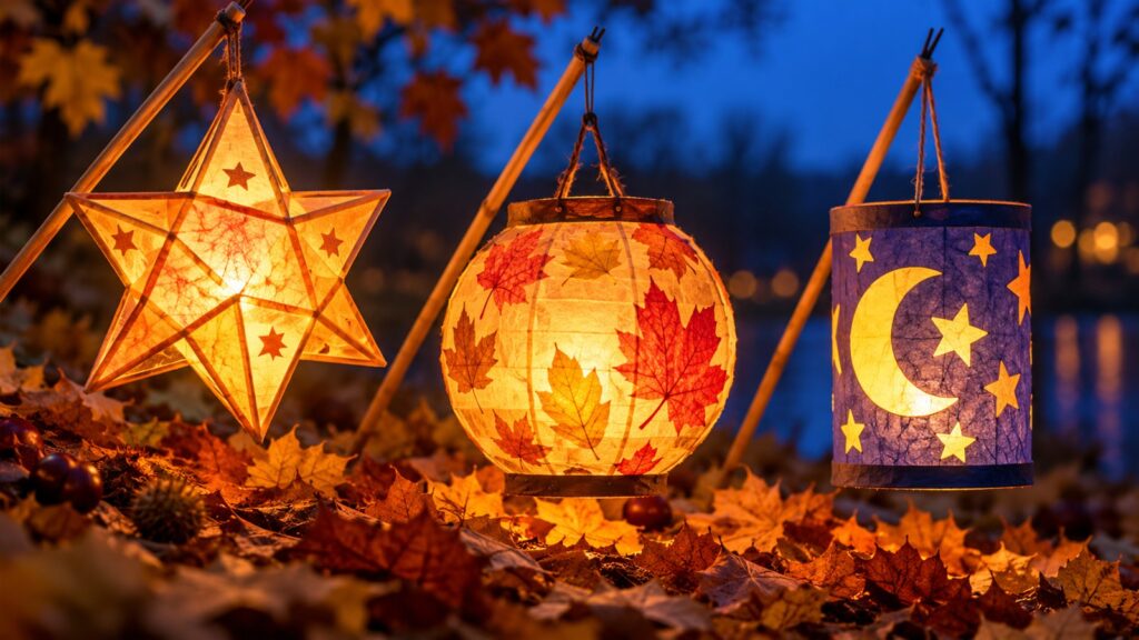 KI-Illustration: drei leuchtende Papierlaternen in herbstlicher Dämmerung