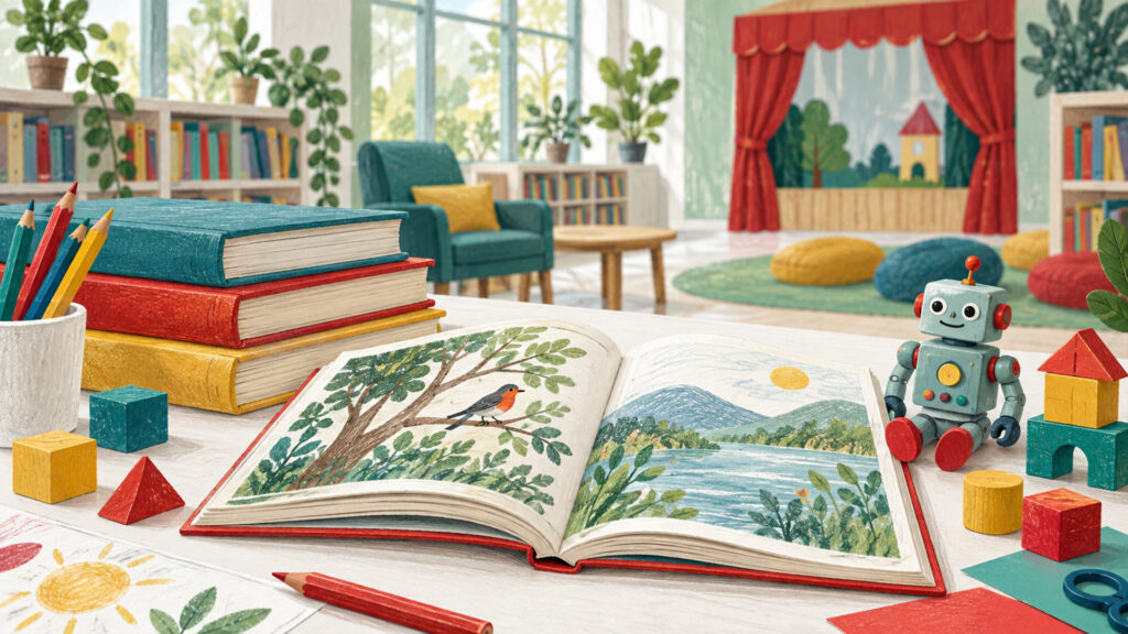 KI-Illustration: Lesen, Kindertheater und kreatives Lernen