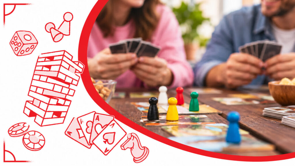 KI-Illustration: Spielfiguren und Karten mit roten Zeichnungen von Würfel, Blockturm und Schachfigur