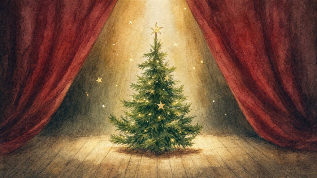 Illustration eines Weihnachtsbaums auf einer Theaterbühne