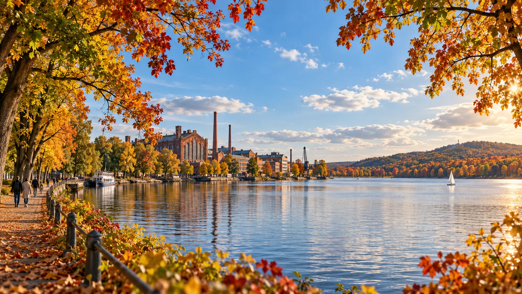 Herbstliches KI-Panorama mit goldenen Uferbäumen, Backsteinbauten und weitem Wasser in Treptow-Köpenick