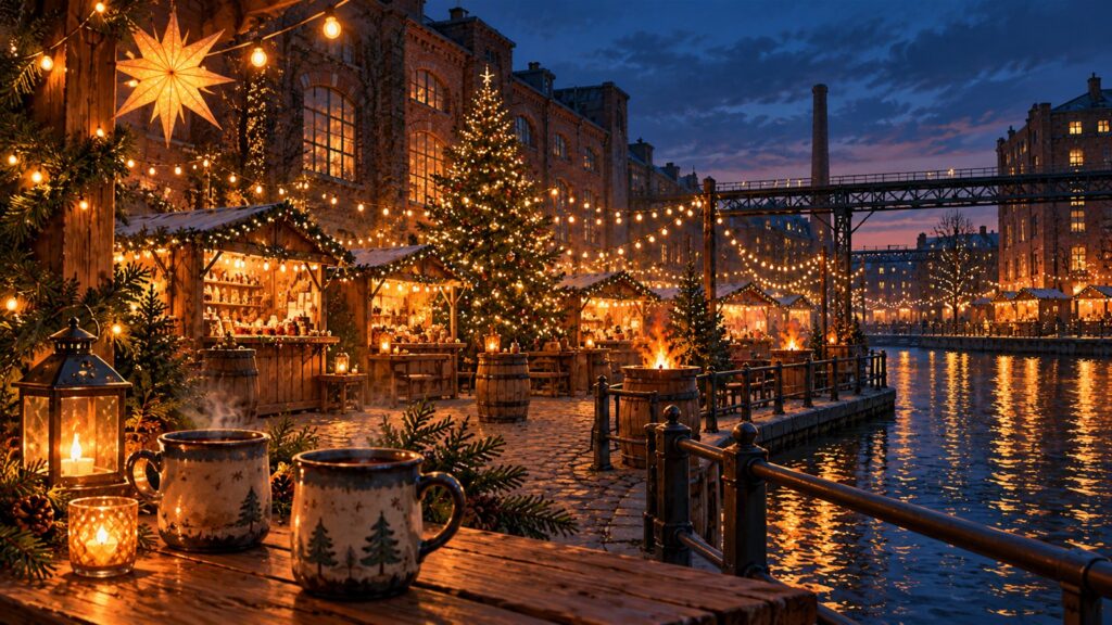 KI-Illustration eines Weihnachtsmarkts am Wasser mit Lichterketten, Tannenbaum und Marktständen